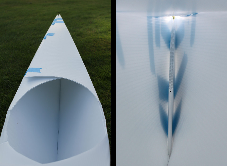 Fig.2 - LEFT: The bow and interior of the kayak. RIGHT: Interior view with detail of an inward fold. NOTE: Depending on how deep the kayak sits in the water, the upper portion of the seam may need to be sealed.